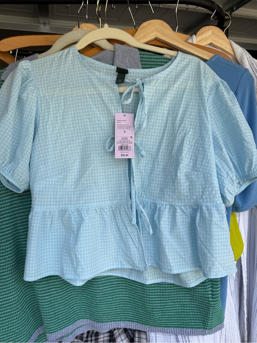 wild fable Light Blue Gingham Tie-Front Peplum Blouse